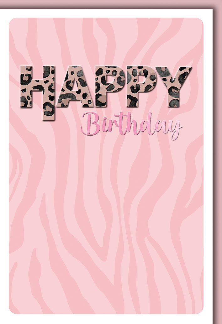 Geburtstagskarte Modern: HAPPY in Leoparden-Print auf rosa Zebra-Hintergrund