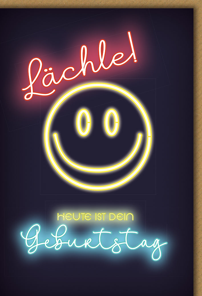 Geburtstagskarte Modern: Neon-Smiley in Gelb mit Lächle-Schriftzug, leuchtende Optik