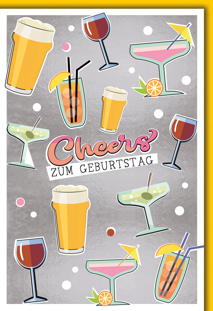 Geburtstagskarte Modern: Party-Getränke Illustration mit Cheers-Schriftzug in Pink