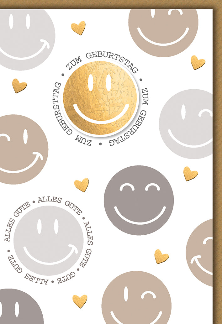Geburtstagskarte Modern: Smiley-Faces in Beige-Tönen mit goldenen Herzchen-Akzenten