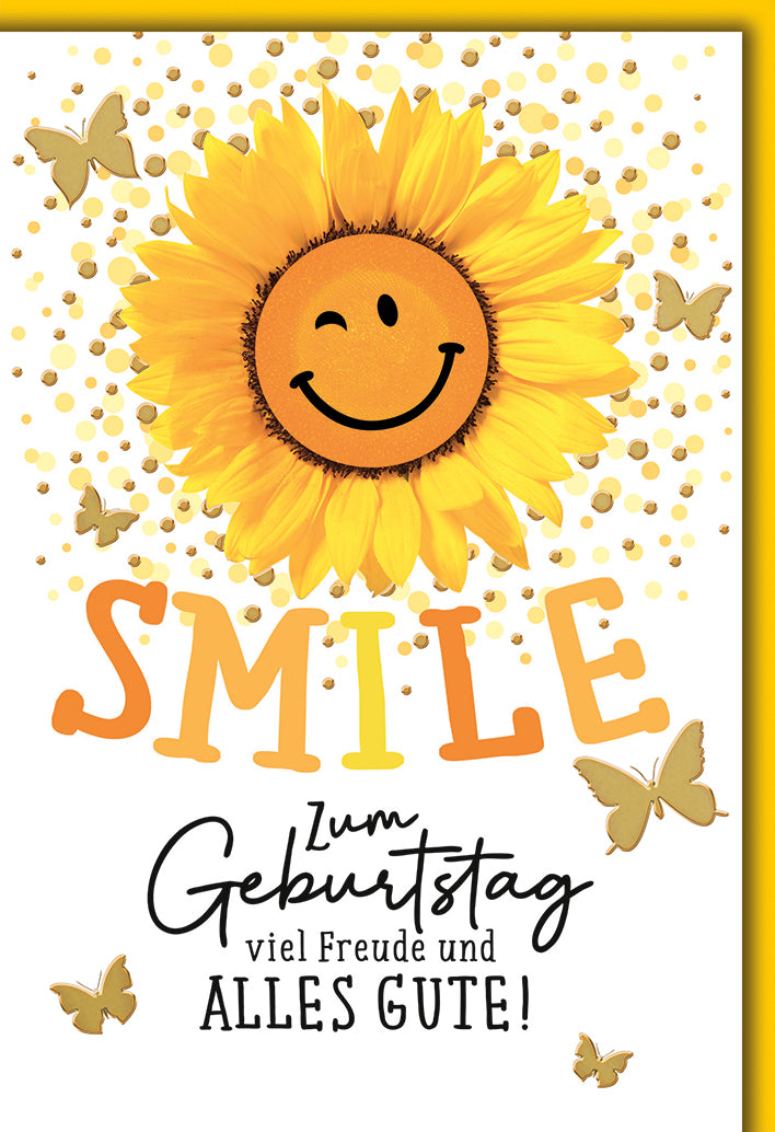 Geburtstagskarte Modern: Sonnenblume mit Smiley-Gesicht und SMILE-Schriftzug in Gold
