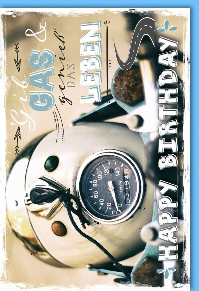 Geburtstagskarte "Gib Gas genieße das Leben": Retro-Tacho & Motorrad-Design für Fahrspaß & Abenteuer, inklusive Kuvert