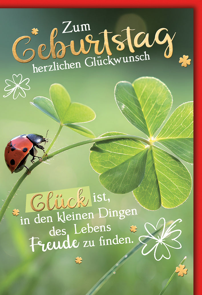 Geburtstagskarte Natur: Marienkäfer auf Kleeblatt mit Glücks-Spruch in warmen Grüntönen
