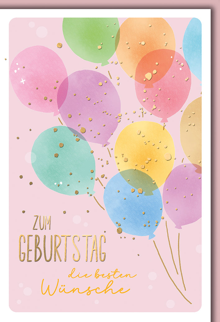 Geburtstagskarte Pastell: Bunte Luftballons mit Gold-Konfetti in zarten Farben