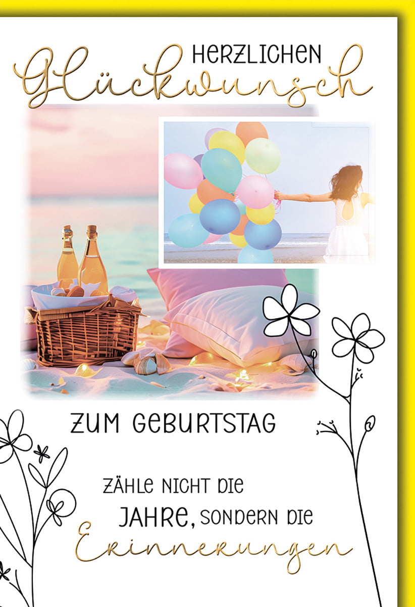 Geburtstagskarte Pastellstrand: Luftballons, Sekt & Zitat – Perfekt für unvergessliche Geburtstagsmomente