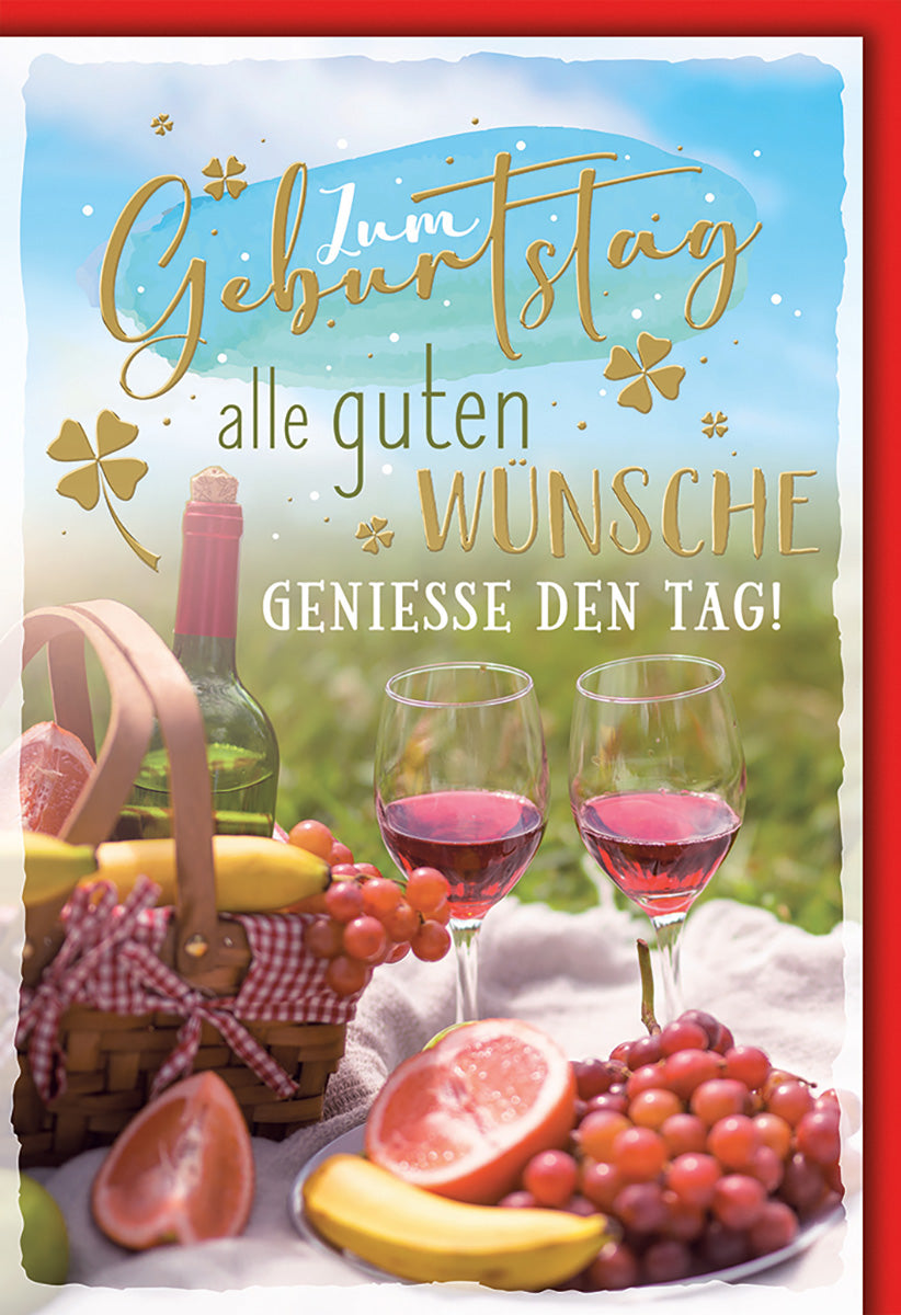 Geburtstagskarte Picknick-Idylle: Sommerliches Design mit Wein, Obst und Glücksklee für Genießer