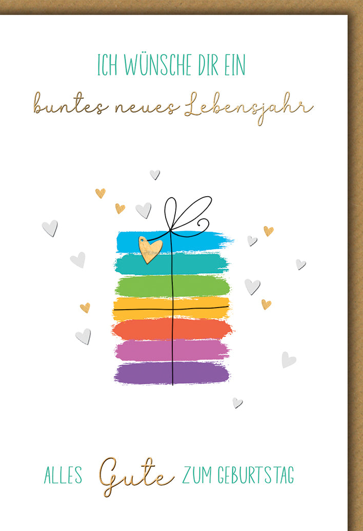 Geburtstagskarte Regenbogen: Buntes Geschenk-Motiv mit Aquarell-Streifen und Herzen