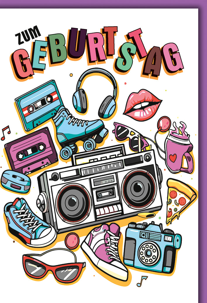 Geburtstagskarte Retro: Boombox mit Kassetten und Rollschuhen, bunte 80er-Jahre Nostalgie