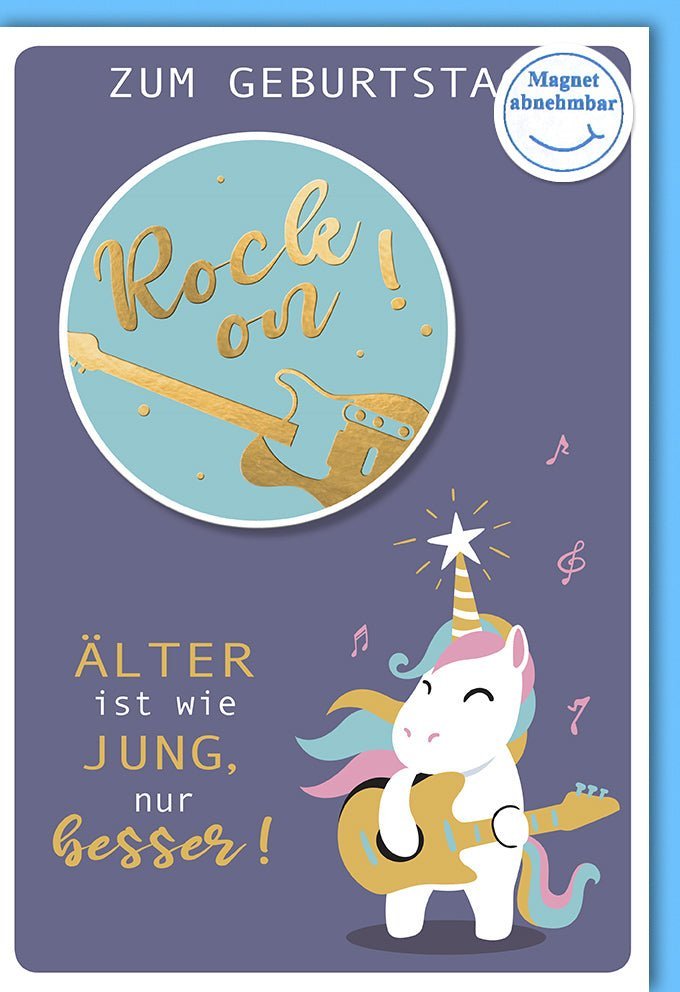 Geburtstagskarte "Rock on Einhorn" - Lustige Glückwunschkarte mit Gitarre, Magnet & Spruch, für Musikliebhaber und Partys