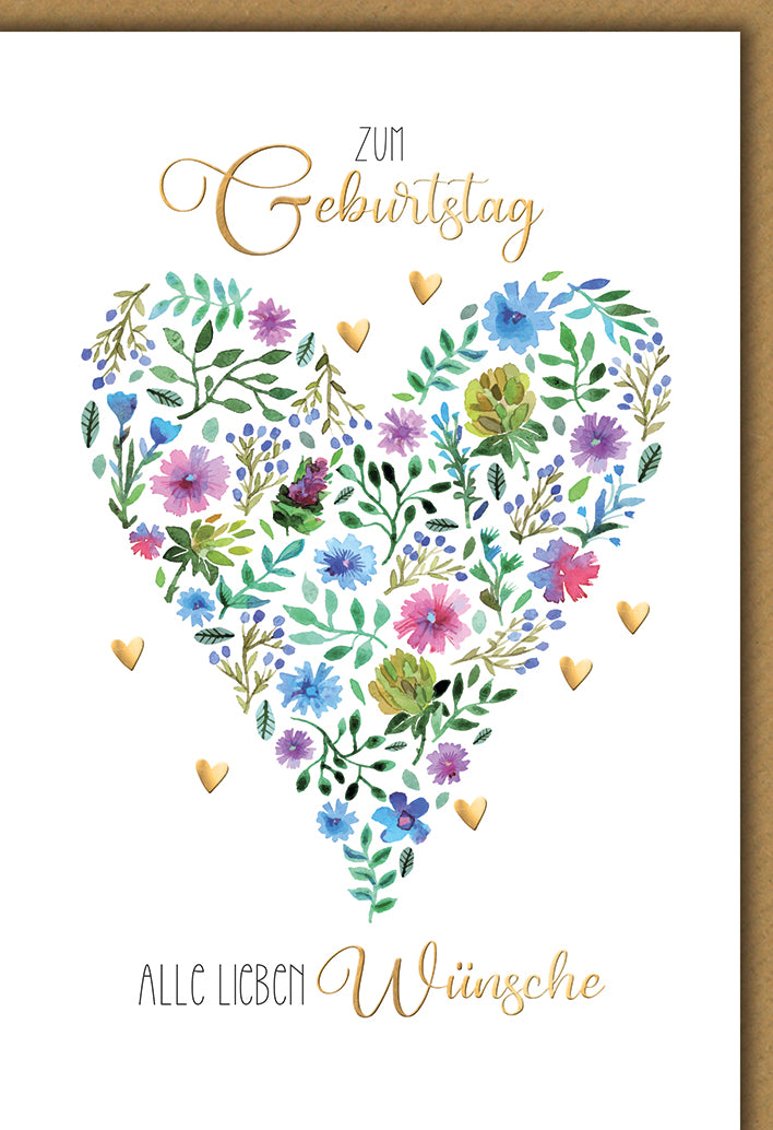 Geburtstagskarte Romantisch: Aquarell Blumen-Herz in Pastelltönen mit goldenen Akzenten