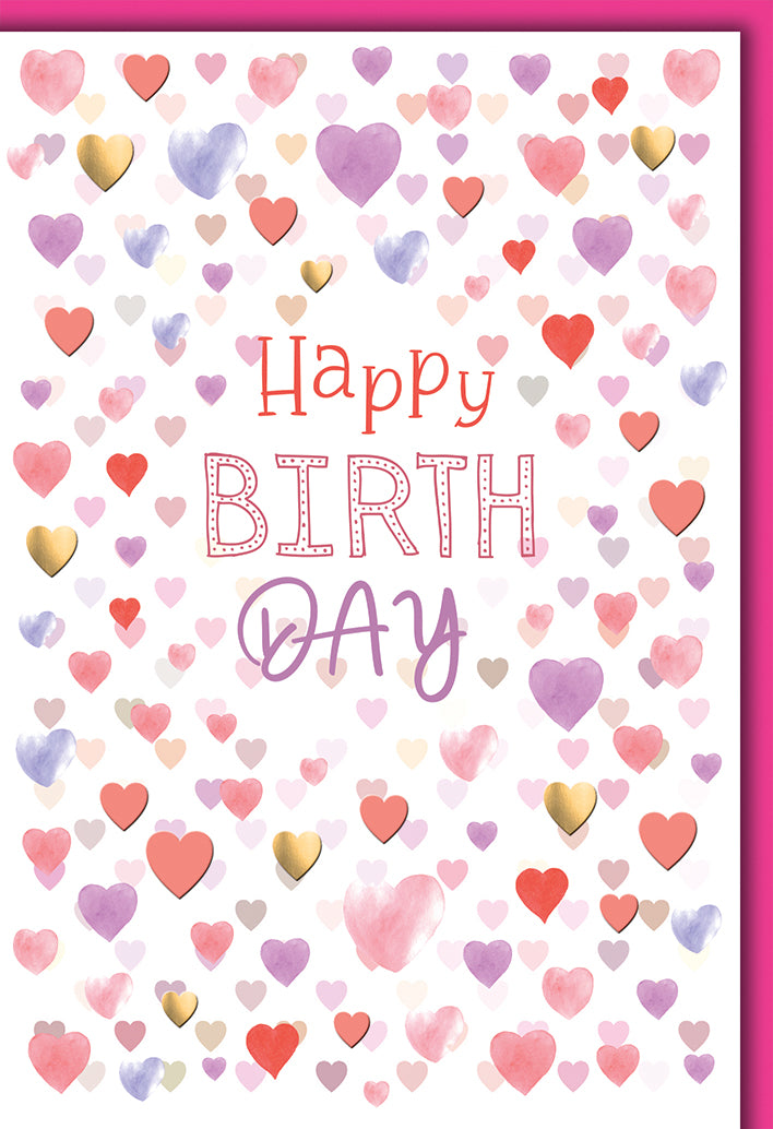 Geburtstagskarte Romantisch: Aquarell-Herzen in Rosa und Lila mit Happy Birthday