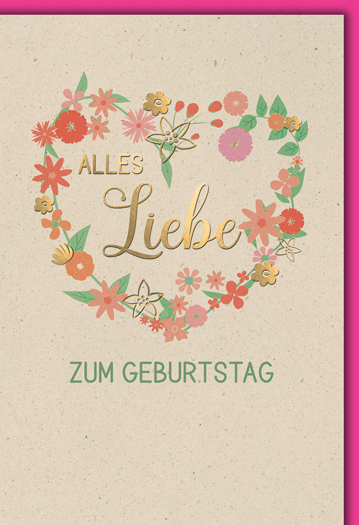 Geburtstagskarte Romantisch: Blumenherz in Aquarell-Optik mit goldener Schrift