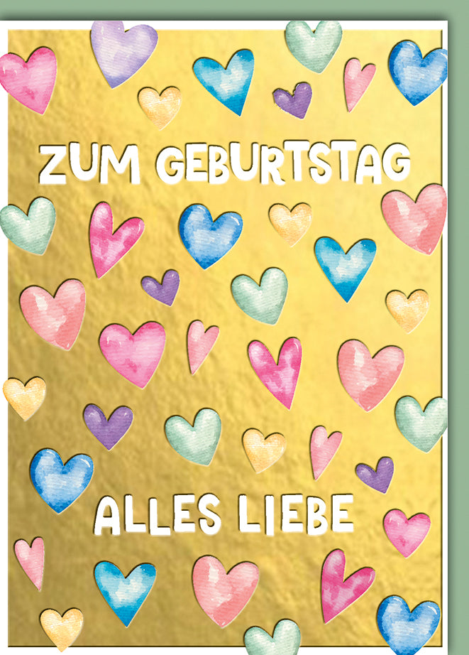 Geburtstagskarte Romantisch: Bunte Aquarell-Herzen auf goldgelbem Hintergrund