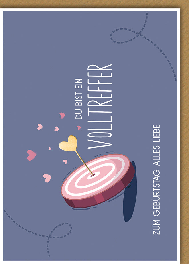 Geburtstagskarte Romantisch: Dartscheibe mit Herzpfeil in Rosa-Violett, Volltreffer-Motiv