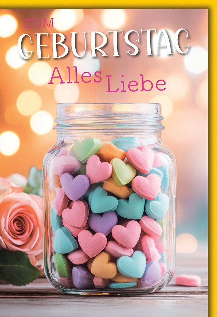 Geburtstagskarte Romantisch: Glas voller bunter Herzbonbons mit Rose, warme Lichter