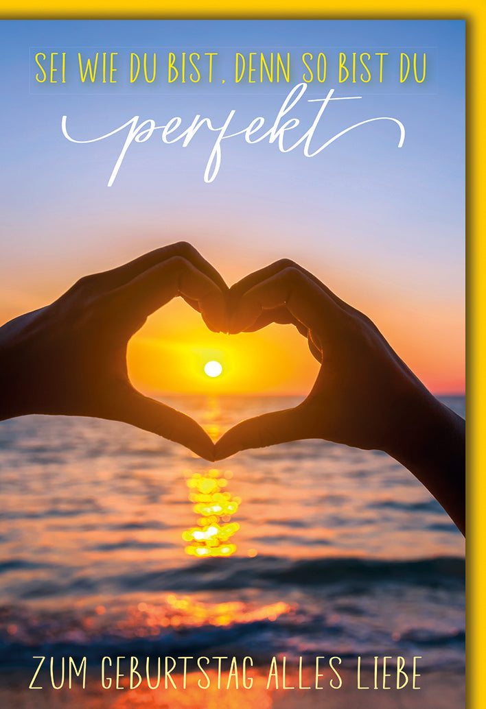 Geburtstagskarte Romantisch: Herz aus Händen im Sonnenuntergang mit Spruch