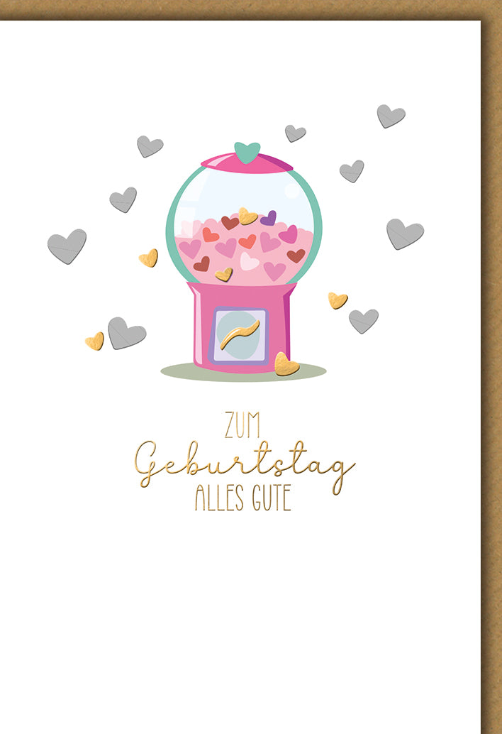 Geburtstagskarte Romantisch: Kaugummiautomat mit bunten Herzen, süße Illustration