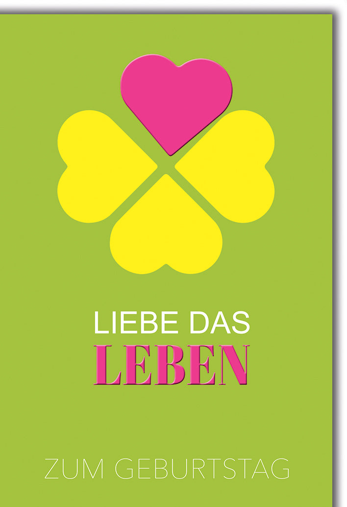 Geburtstagskarte Romantisch: Kleeblatt aus bunten Herzen auf Grün, elegante Typografie