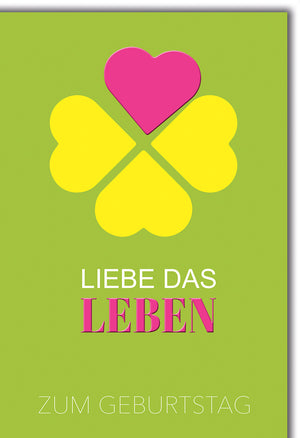 Geburtstagskarte Romantisch: Kleeblatt aus bunten Herzen auf Grün, elegante Typografie