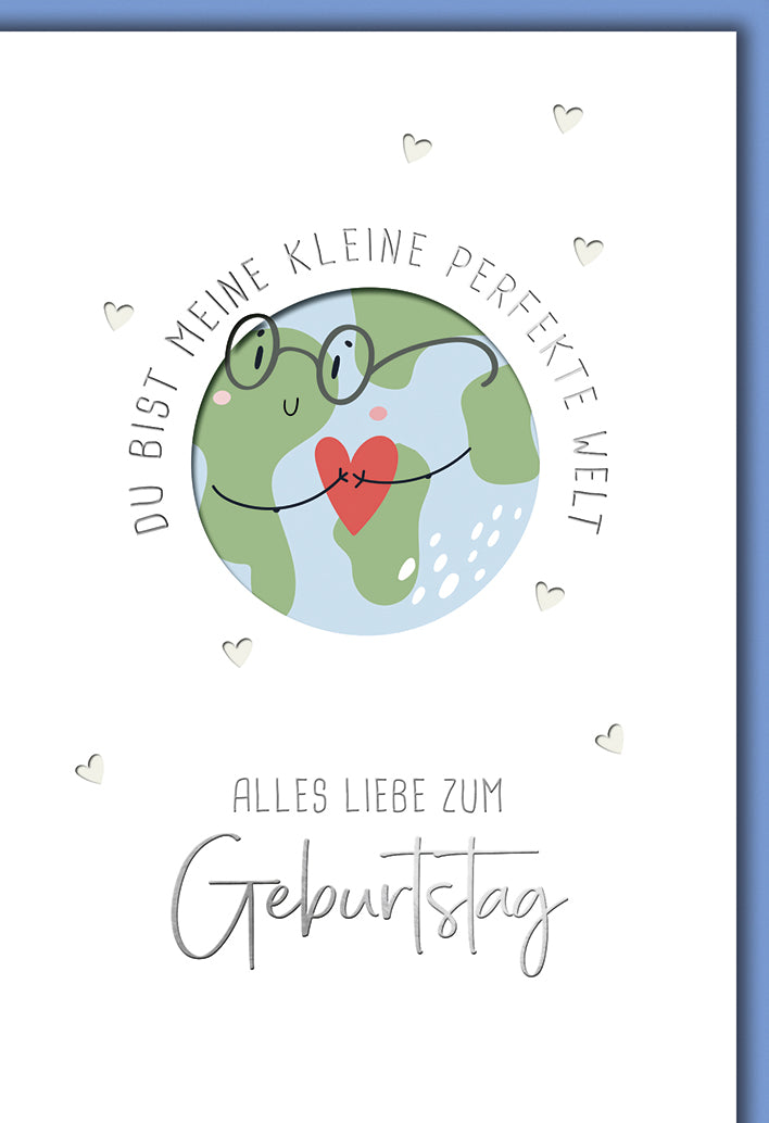 Geburtstagskarte Romantisch: Süße Erdkugel mit Herz und Brille, perfekte Welt Design