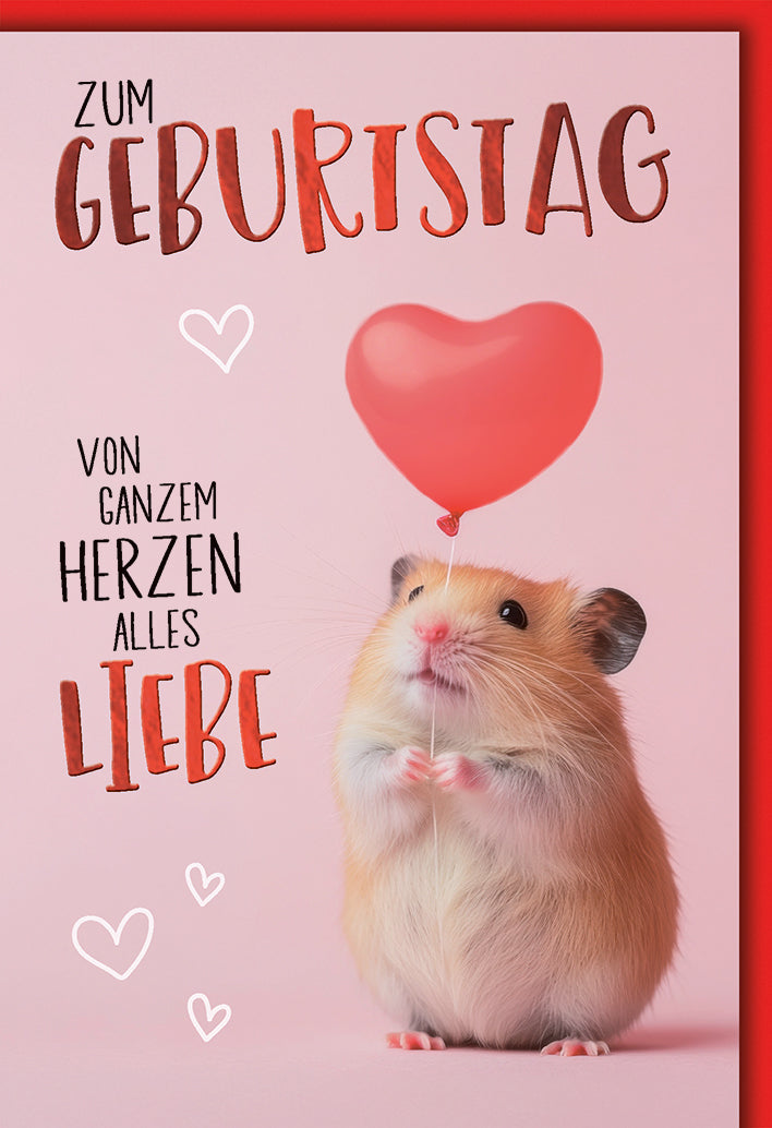 Geburtstagskarte Romantisch: Süßer Hamster mit rotem Herzballon in Rosa-Tönen