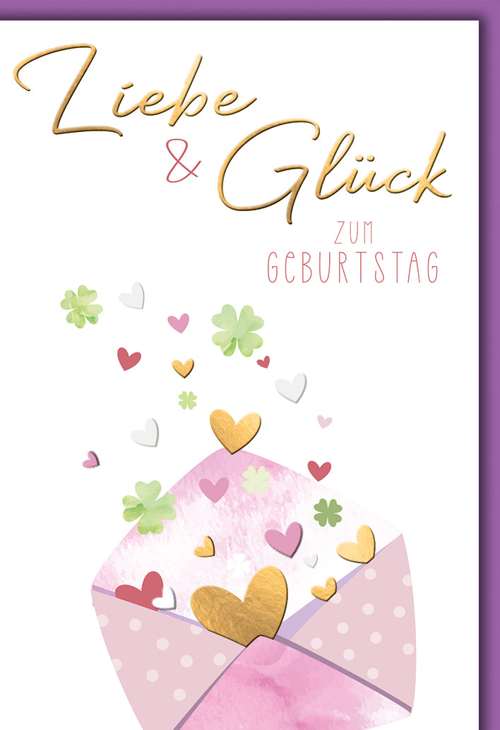 Geburtstagskarte Romantisch: Umschlag mit schwebenden Herzen und Kleeblättern in Rosa-Gold