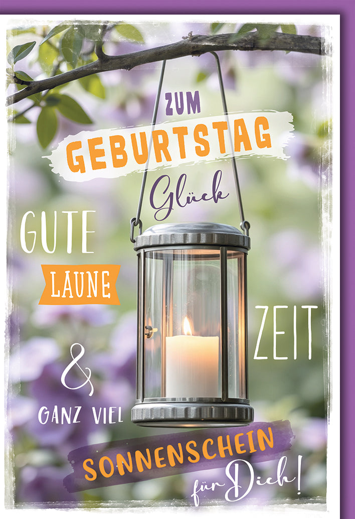 Geburtstagskarte Romantisch: Vintage-Laterne mit Kerze am Ast, warme Farben