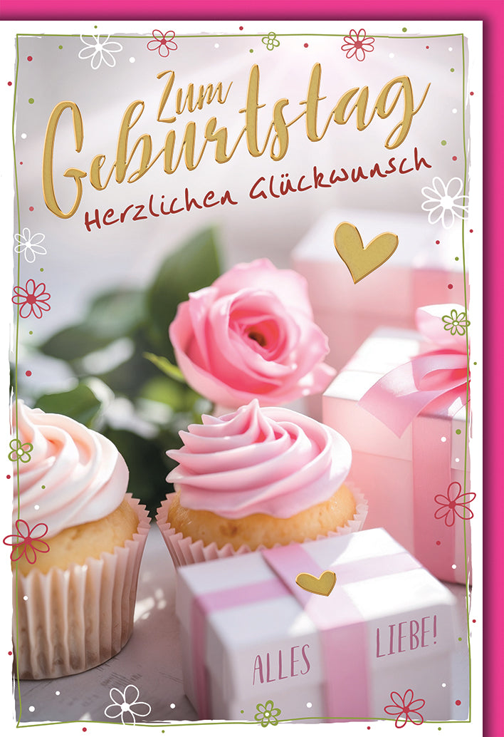 Geburtstagskarte Rosa: Cupcakes mit Rosen-Dekoration und eleganten Glückwünschen