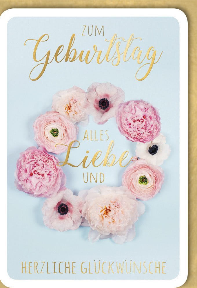 Geburtstagskarte Rosa Pfingstrosen mit Goldschrift – Herzliche Glückwünsche & Eleganz für den besonderen Tag, mit Kuvert