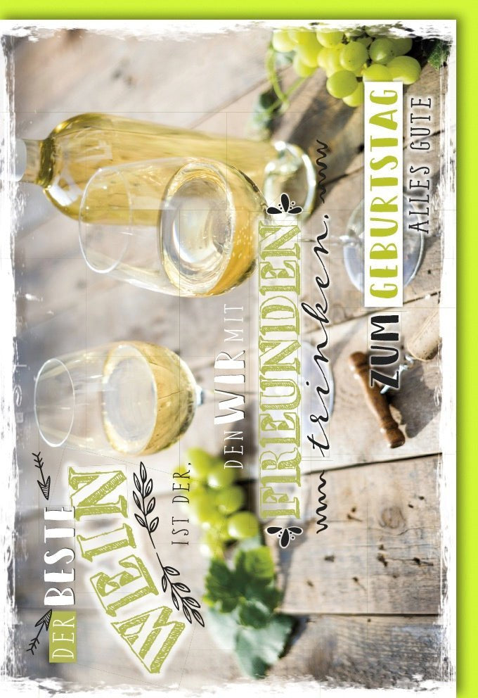 Geburtstagskarte Freunde & Wein: Vintage Design mit herzlichem Wunsch, passendem Kuvert und feierlichen Glückwünschen