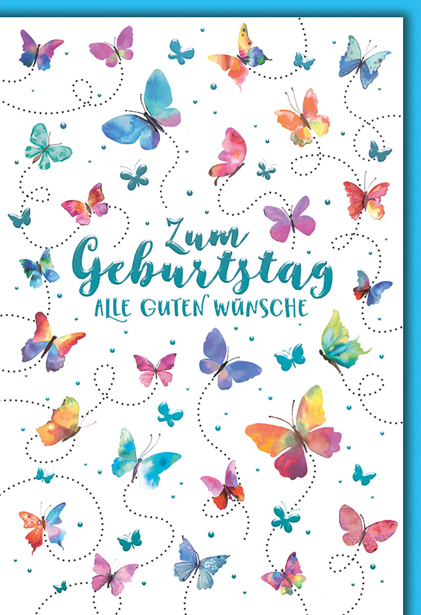 Geburtstagskarte Schmetterlinge Aquarell – Bunte Falter auf Weiß, Verspielt & Farbenfroh für Alle
