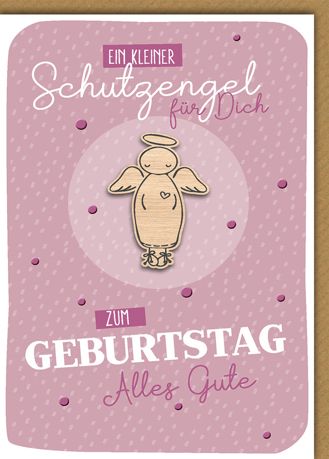 Geburtstagskarte Schutzengel: Holz-Engel auf rosa Hintergrund, emotionales Design