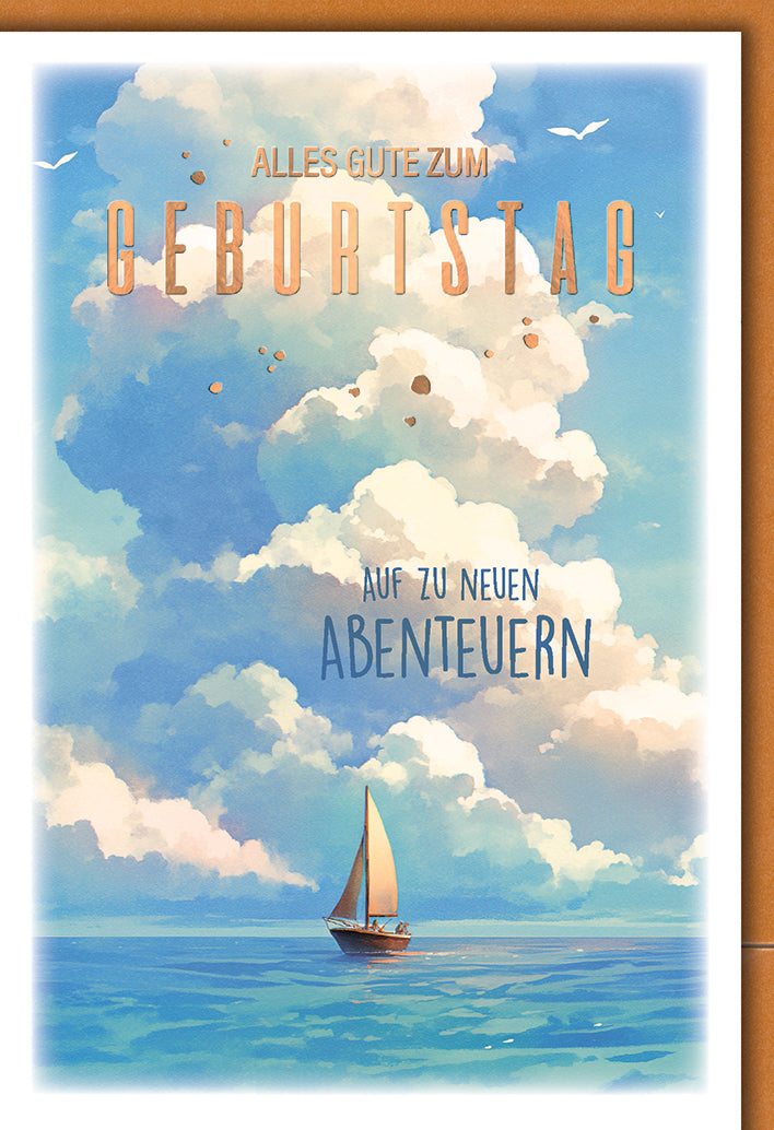 Geburtstagskarte Segelboot: Aquarell-Segelschiff unter dramatischem Wolkenhimmel
