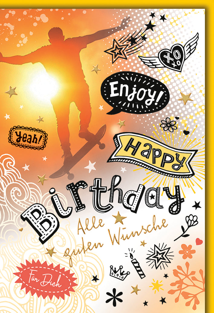 Geburtstagskarte Skateboard: Silhouette im Sonnenuntergang mit modernen Sprüchen