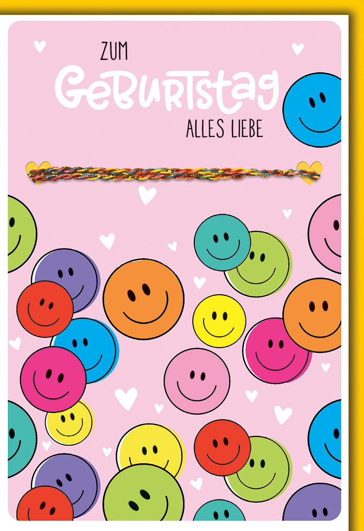 Geburtstagskarte Smiley-Armband: Bunte Emoji-Gesichter auf Rosa mit Herzen
