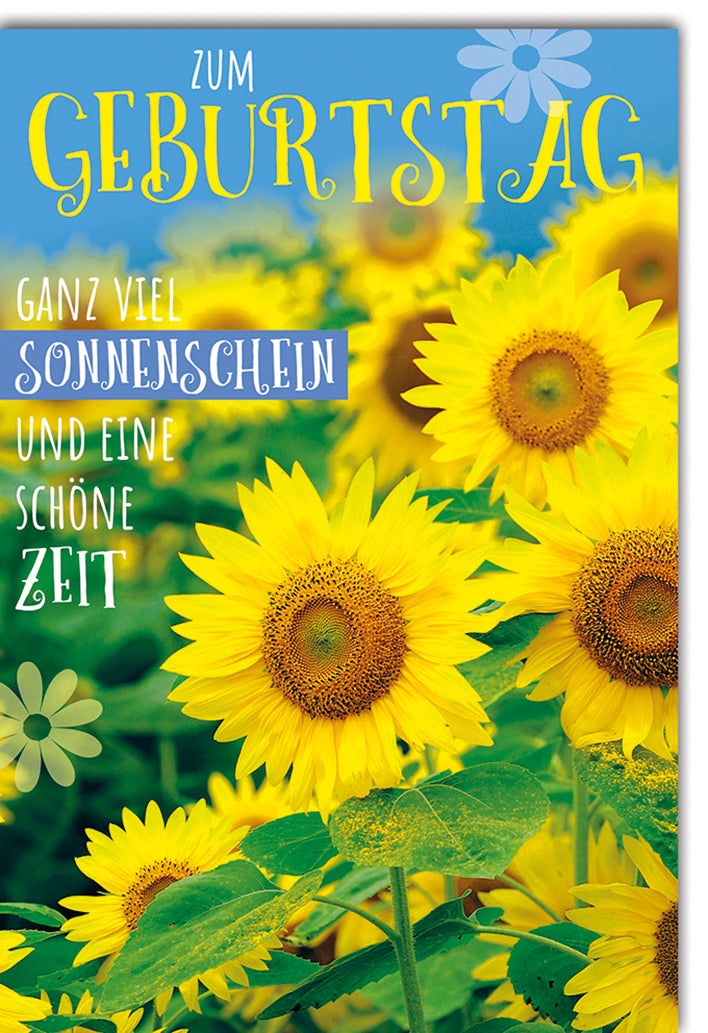 Geburtstagskarte Sonnenblumen: Leuchtend gelbes Blumenfeld mit Sonnenschein-Spruch
