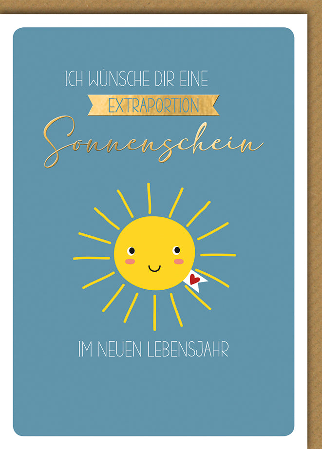 Geburtstagskarte Sonnenschein: Fröhliche Sonne mit Herz auf blauem Grund, elegant