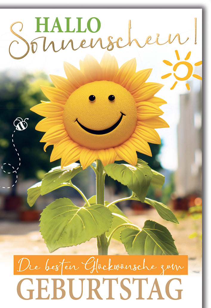 Geburtstagskarte Sonnenschein: Lächelnde Sonnenblume mit Smiley-Gesicht, elegant
