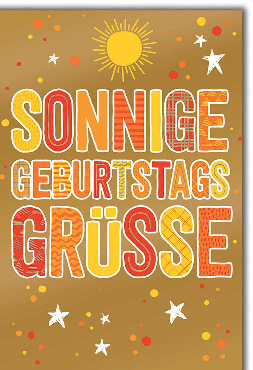 Geburtstagskarte: Sonnige Grüße in leuchtenden Orange- und Gelbtönen mit fröhlichen Sternenmotiven