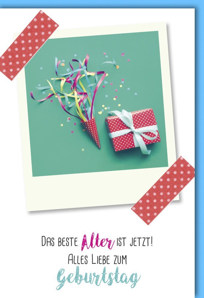 Geburtstagskarte "Alles Liebe": Modernes Polaroid-Design mit Geschenk-Applikation & passendem Kuvert für unvergessliche Glücksmomente