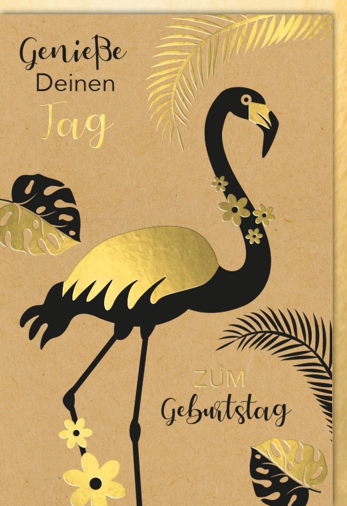 Geburtstagskarte Elegant mit exotischem Flamingo in Gold & Schwarz, Folienprägung auf Naturkarton, mit Kuvert