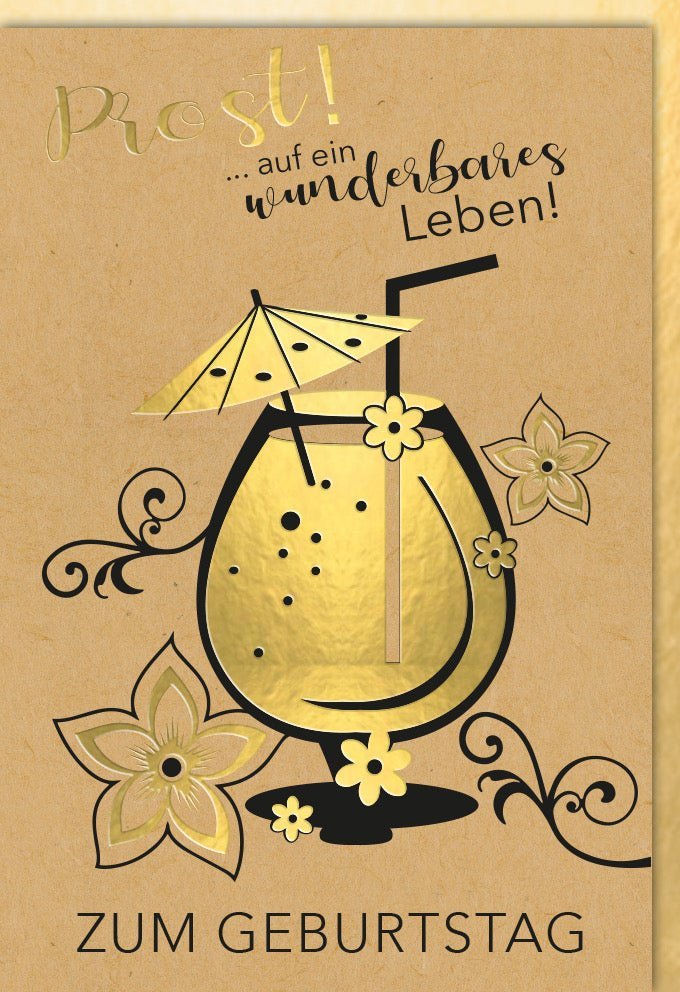 Geburtstagskarte Elegant: Blumendekor & Gold-Akzente mit Champagner-Toast, Folienprägung auf Naturkarton & Kuvert