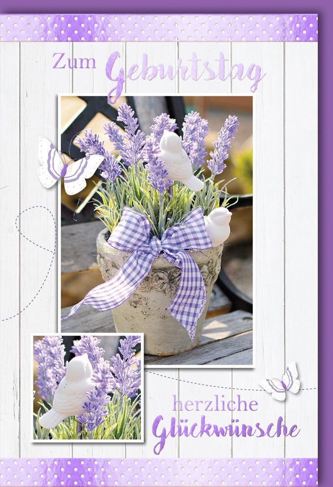 Geburtstagskarte Eleganter Lavendeltopf & Folienprägung - Stilvolle Glückwunschkarte für besondere Anlässe mit passendem Kuvert