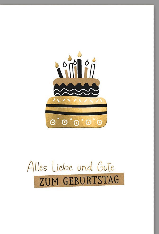 Geburtstagskarte mit Kuvert: Elegante Torte & Kerzen in Gold, Schwarz & Weiß – Exklusive Glückwünsche für besondere Anlässe