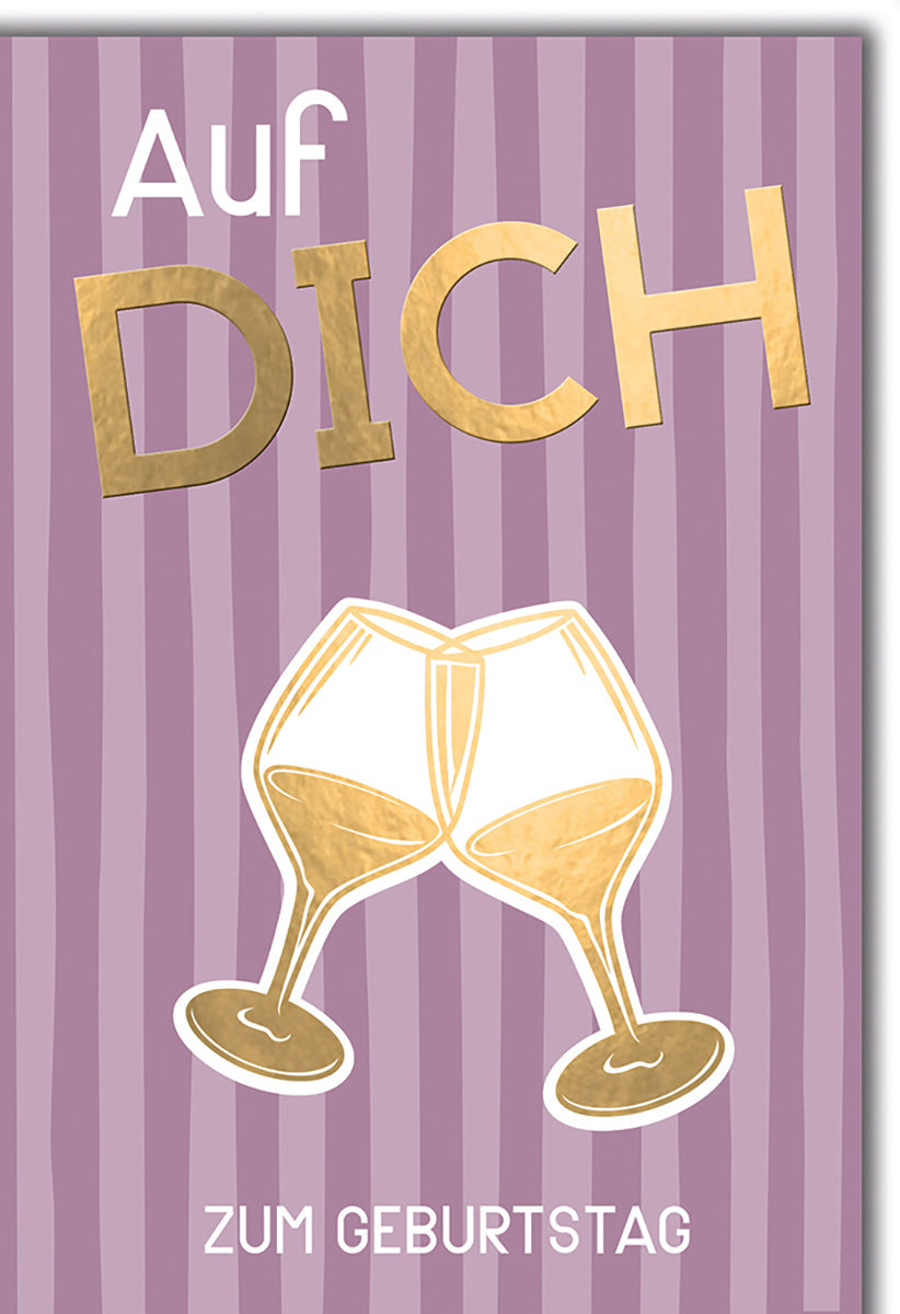Geburtstagskarte: Stilvolle lila Streifen mit goldenen Sektgläsern – Perfekt für Freunde und Familie