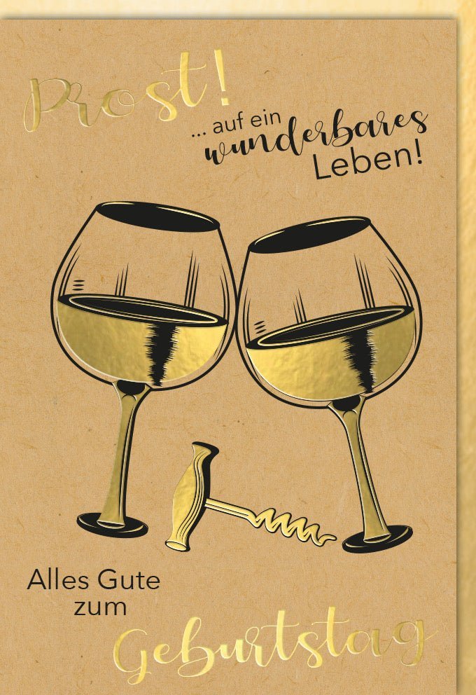 Geburtstagskarte: Eleganter Cheers-Vintage-Stil mit Goldakzenten & Folienprägung auf Naturkarton – Inkl. passendem Kuvert