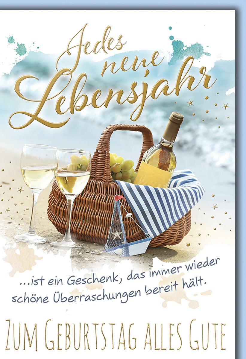 Geburtstagskarte Strandmotiv: Elegante Weinkorb-Illustration mit Spruch für unvergessliche Geburtstage