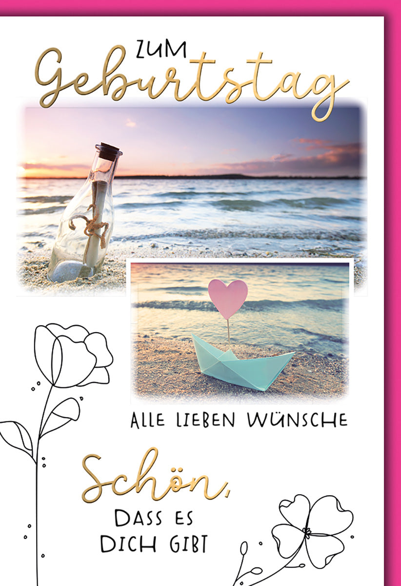 Geburtstagskarte Strandmotiv: Flaschenpost & Herzboot, Pastellfarben, für Naturliebhaber
