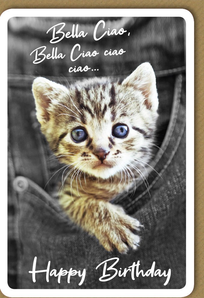 Geburtstagskarte "Bella Ciao" – Lustiges Kätzchen im Jeanshemd mit Blindprägung, originelle Glückwünsche inklusive Kuvert