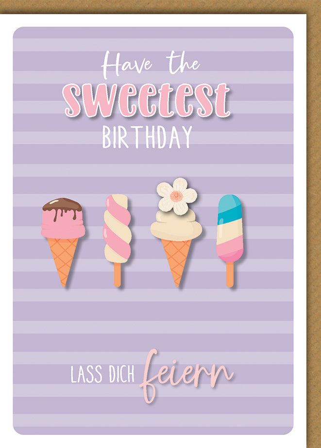 Geburtstagskarte Sweet Birthday: Vier bunte Eis-Illustrationen auf Lila, englischer Text